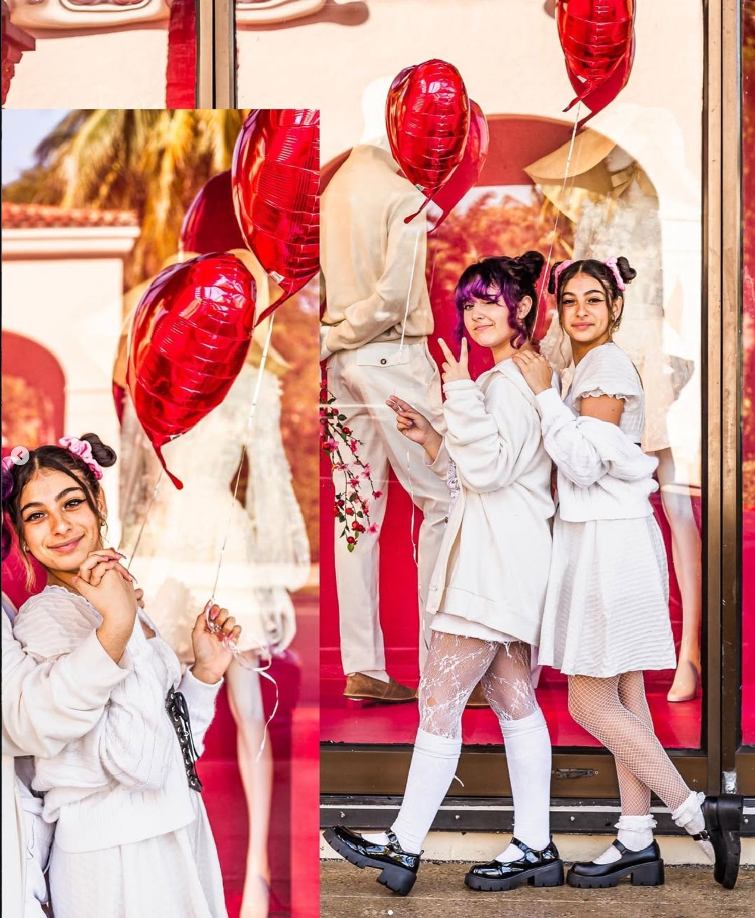 Three young women in white outfits pose with red heart balloons outside a storefront on Valentines Day on worth ave palm beach fl.