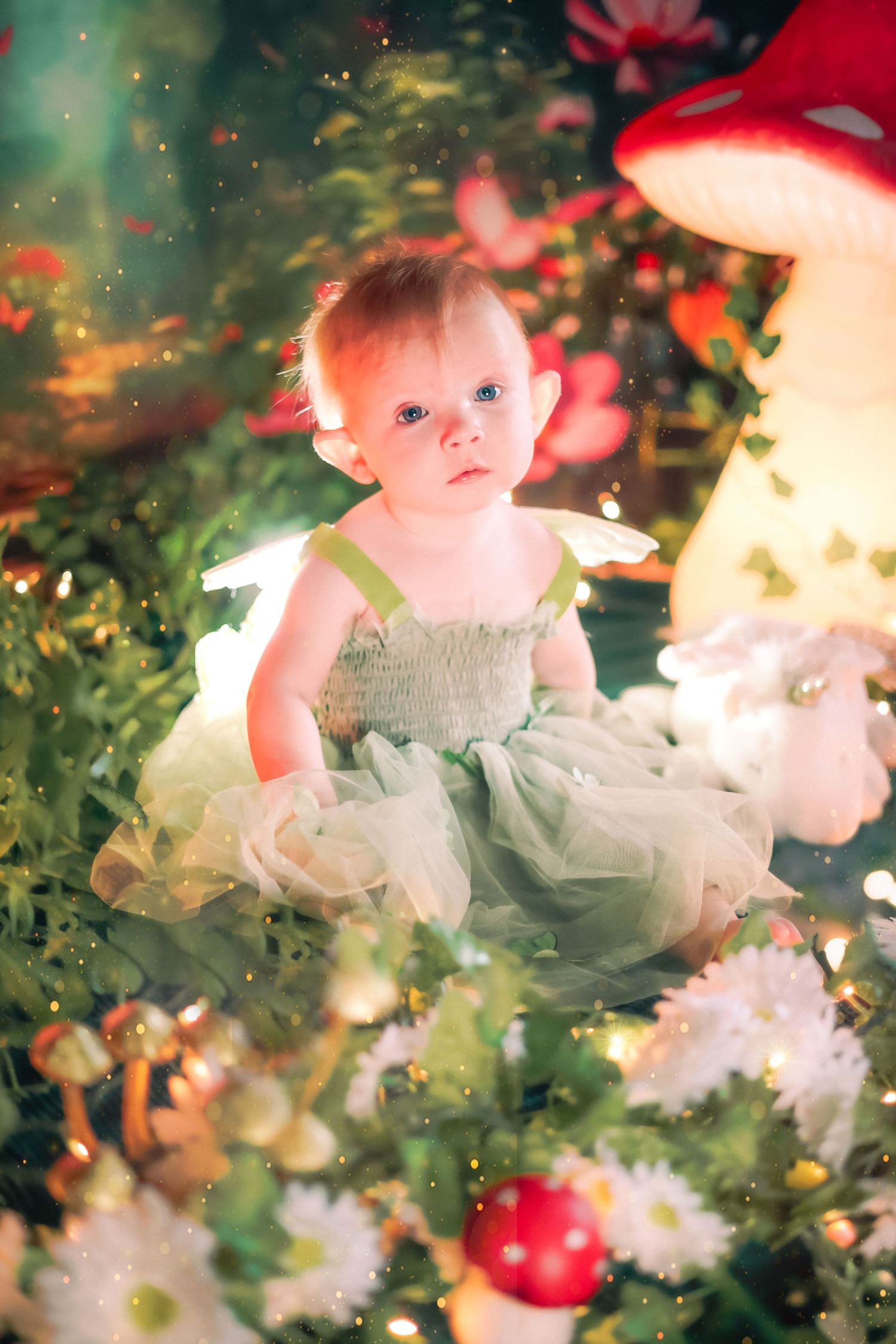 A baby girl in a green tutu dress sits in an enchanted fairy garden with mushrooms and twinkling lights at a home session in Lake Worth, FL.
