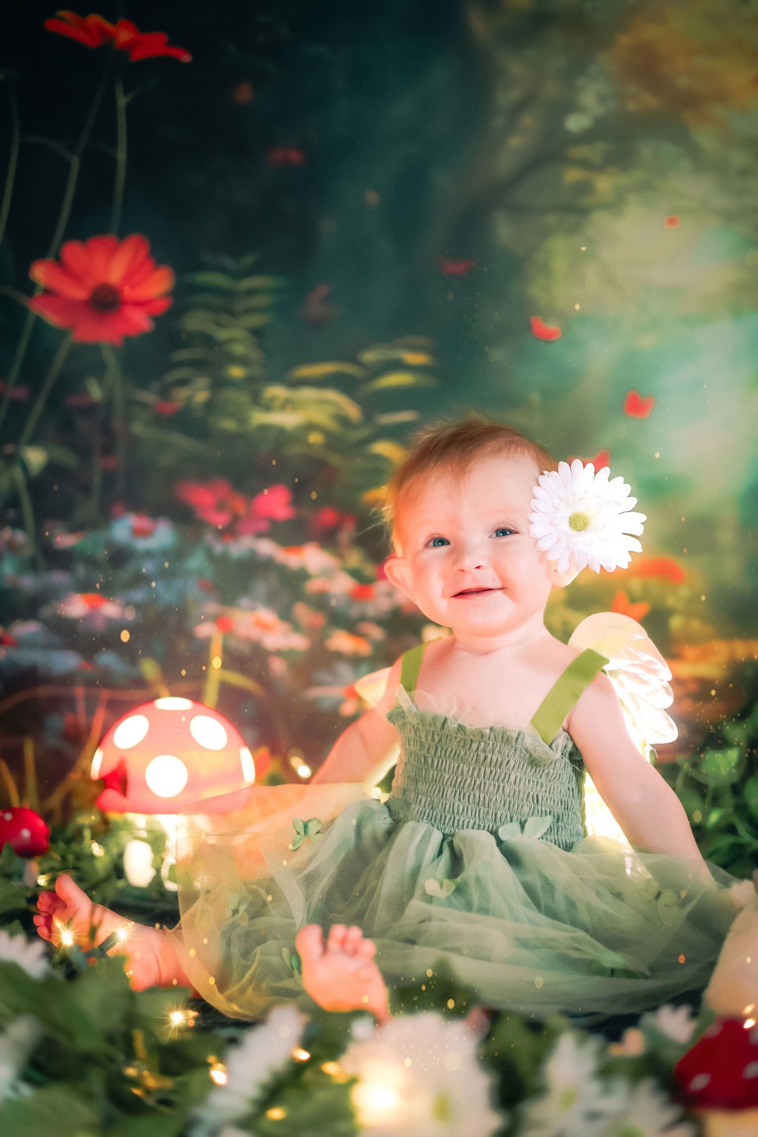 Smiling baby girl in green fairy dress with daisy hair accessory sitting in enchanted garden with mushroom lights a home session in Lake Wo.