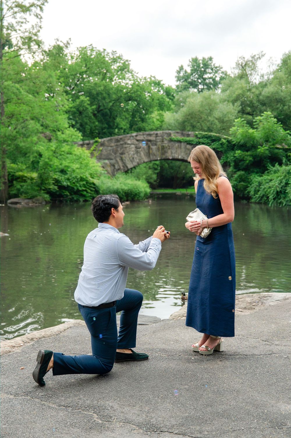 Man proposes to woman on one knee by a pond in Central Park, NYC, with a stone bridge and lush trees in the background.