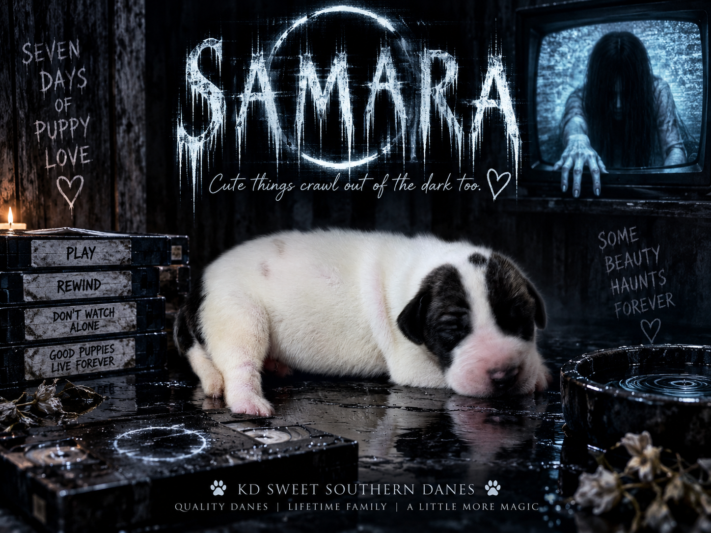 A Great Dane puppy posed in a spooky Samara-themed horror movie promotional image for KD Sweet Southern Danes breeder.