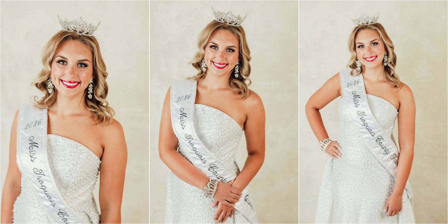 Young woman in white gown, tiara, and sash poses for pageant portrait photos in three elegant poses.