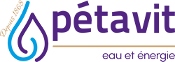 Pétavit logo featuring water drop icon with blue and cyan colors, specializing in eau et énergie services since 1965.