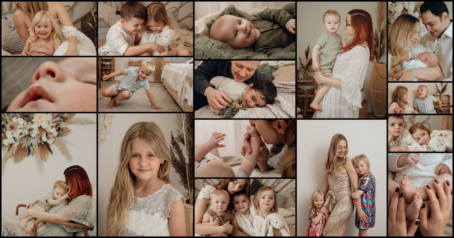 Photo collage grid showcasing newborn, baby, and family lifestyle portraits in neutral tones taken by a Suffolk family photographer.