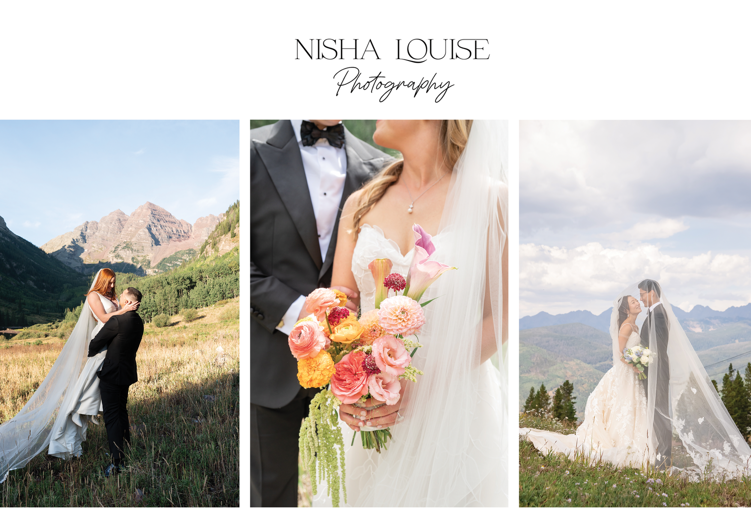 Bride and groom embracing in mountain meadow with dramatic peaks, captured by Nisha Louise Photography.