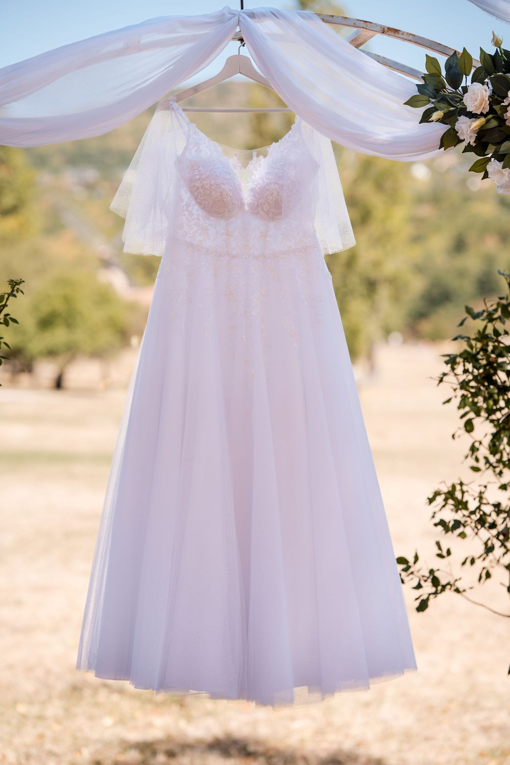 Elegant blush pink A-line wedding dress with lace bodice and flutter sleeves hanging outdoors on a wooden arch.