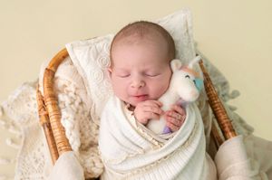 Newborn baby swaddled in white wrap sleeping in wicker basket holding a small unicorn stuffed animal toy.
