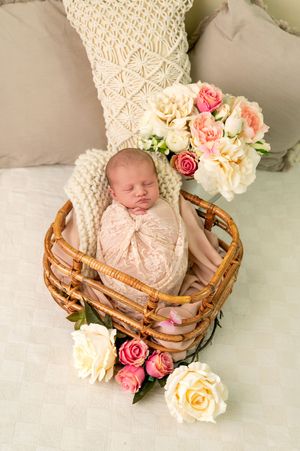 Newborn baby sleeping peacefully in a wicker basket surrounded by pink and cream roses on a soft blanket.
