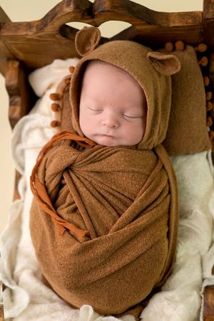 Newborn baby swaddled in brown bear bonnet and wrap, sleeping peacefully in a rustic wooden crib.