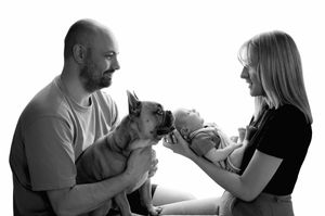 Black and white photo of a couple with a French Bulldog sniffing their newborn baby.