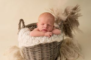 Newborn baby sleeping peacefully in a rustic wicker basket with soft cream blanket and dried pampas grass decor.