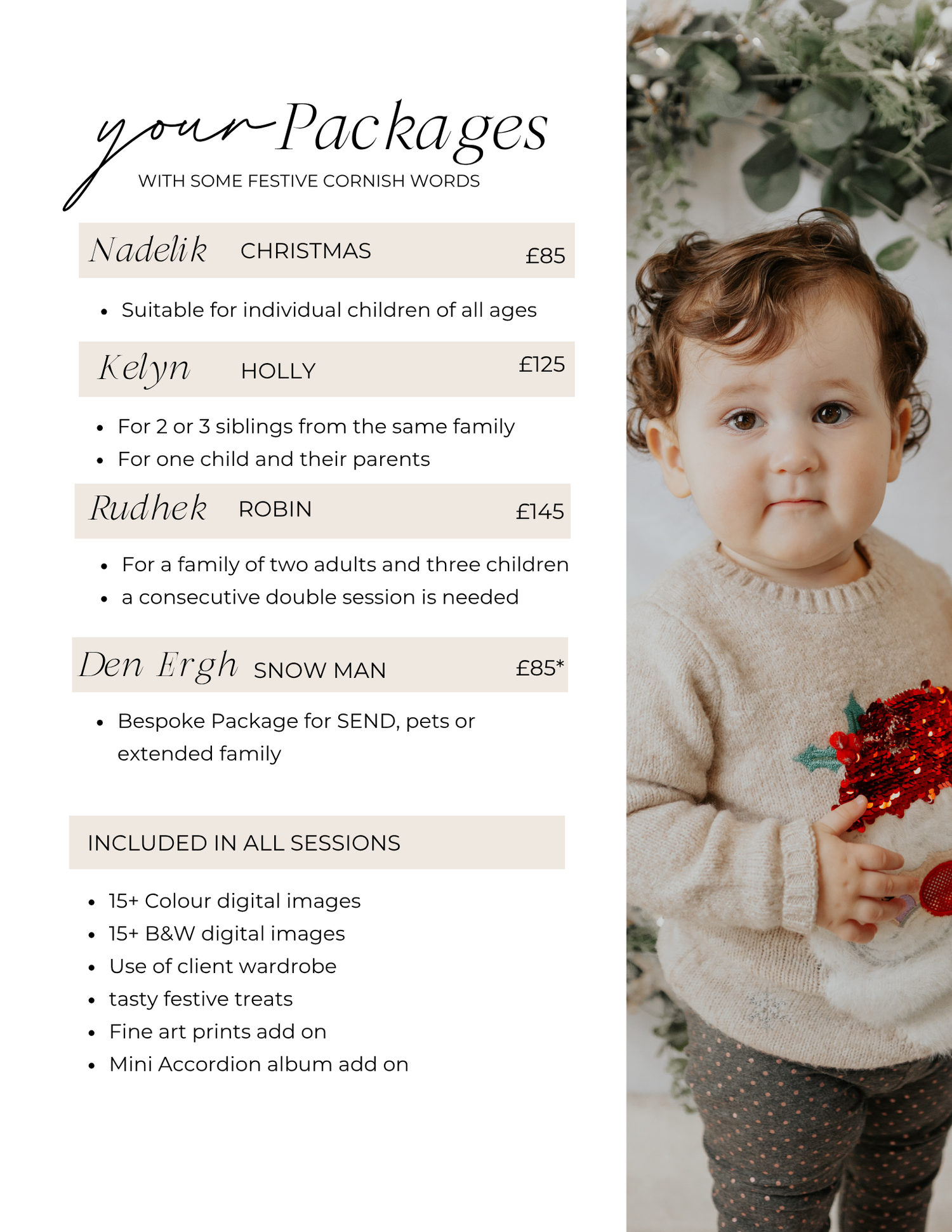 A festive photography packages price list beside a toddler in a Christmas outfit in a Cornwall Christmas mini Shoot with Cornwall newborns