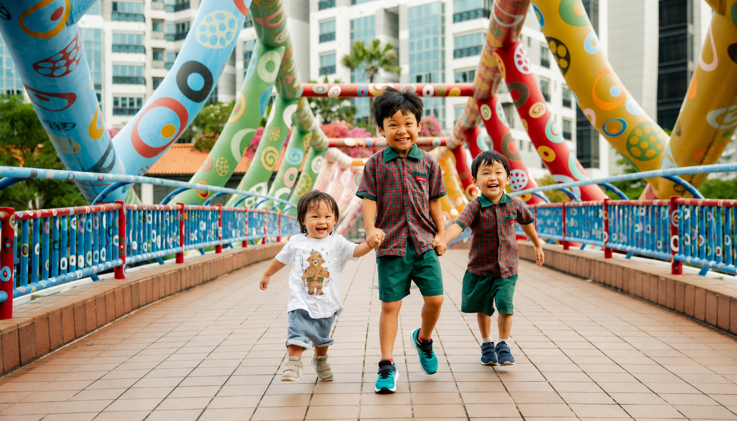 Three cheerful Asian boys running across a colorful urban bridge with vibrant painted sculptures.