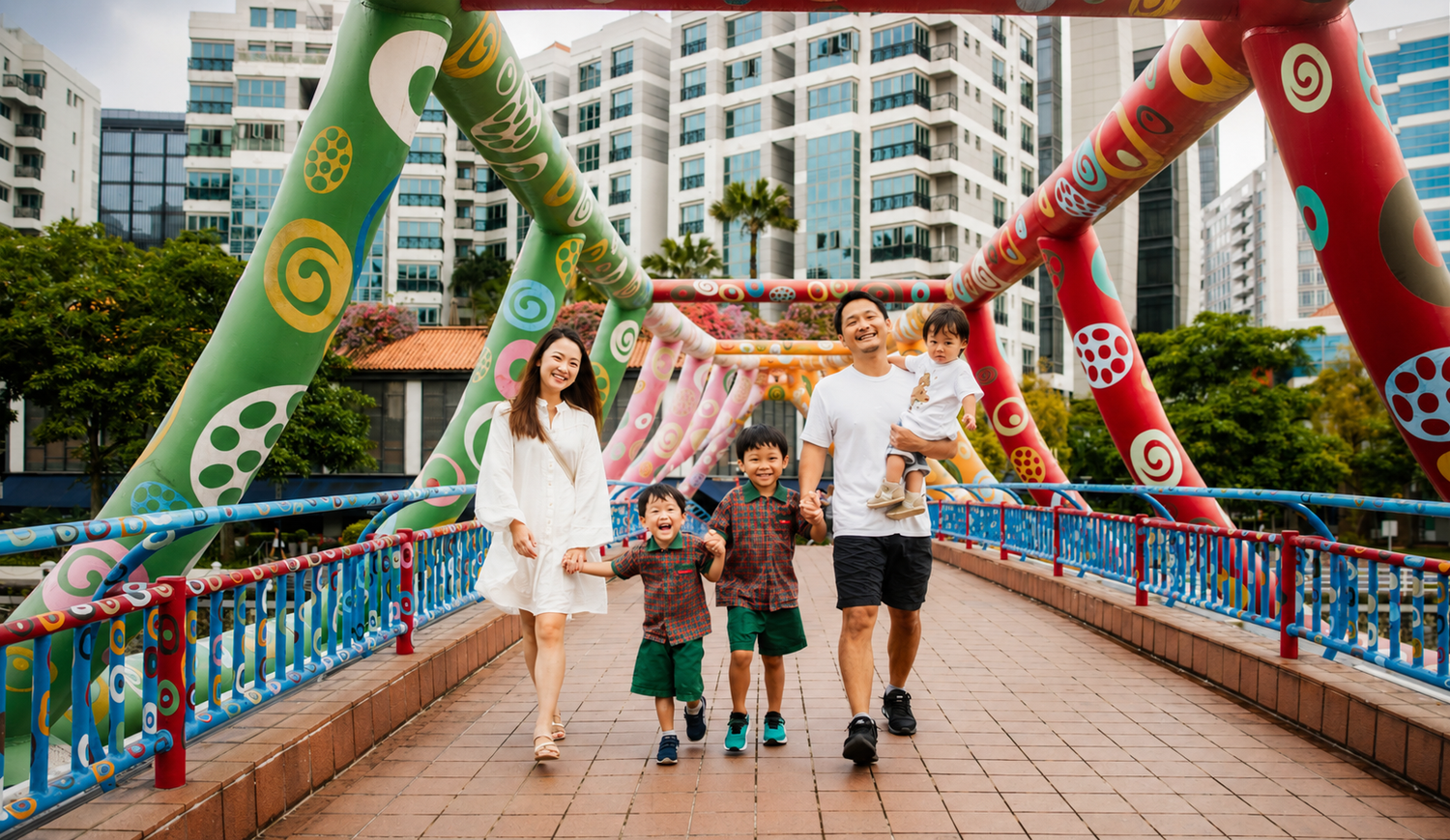 Happy family of four walking on a colorful bridge in a vibrant urban setting.