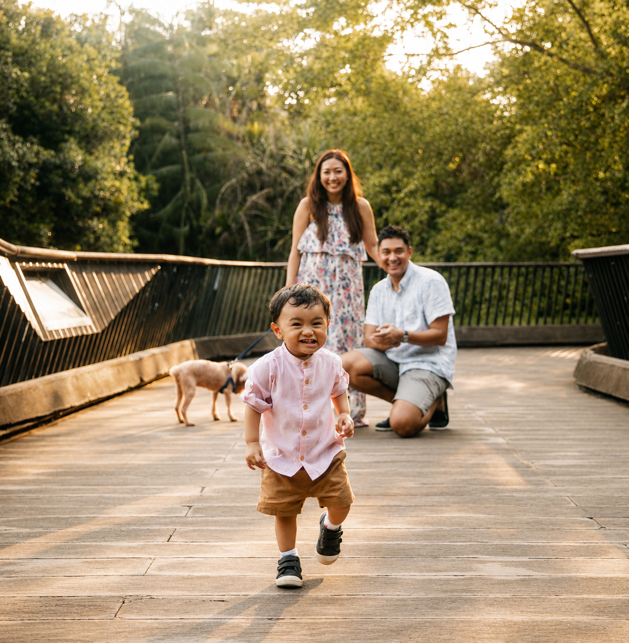 Toddler boy running toward camera while parents smile on a golden-lit wooden bridge with a dog.