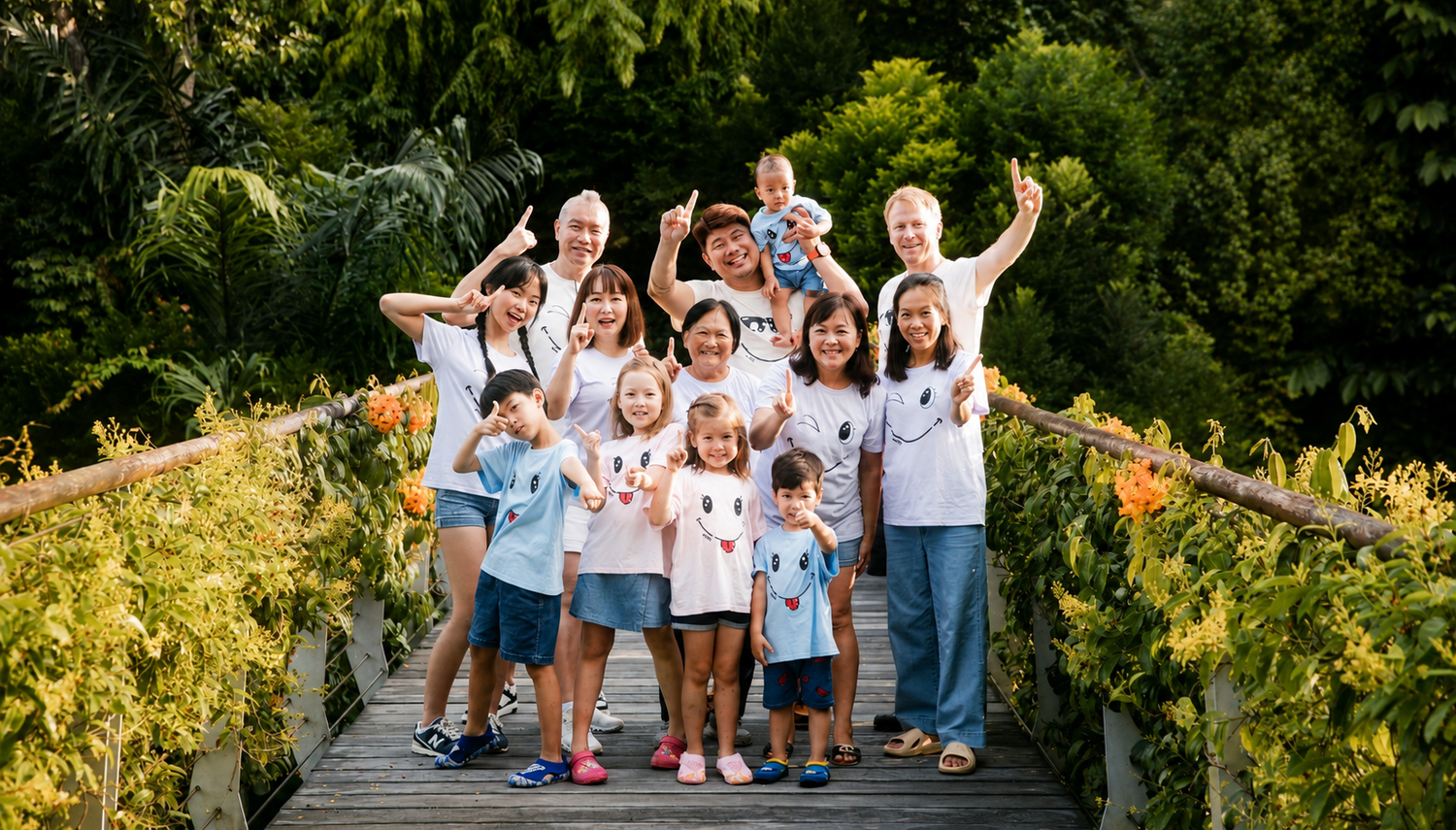 Large multigenerational family group smiling and posing together on a wooden bridge surrounded by greenery.