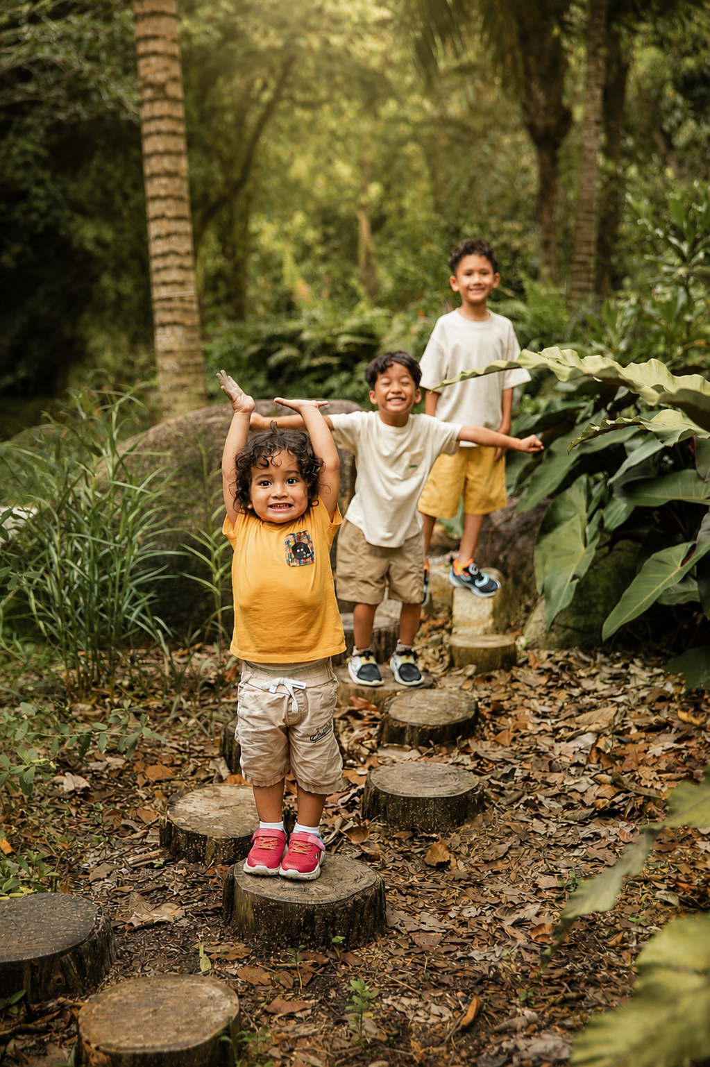 Three young boys playing on wooden stumps along a forest trail in a tropical garden.