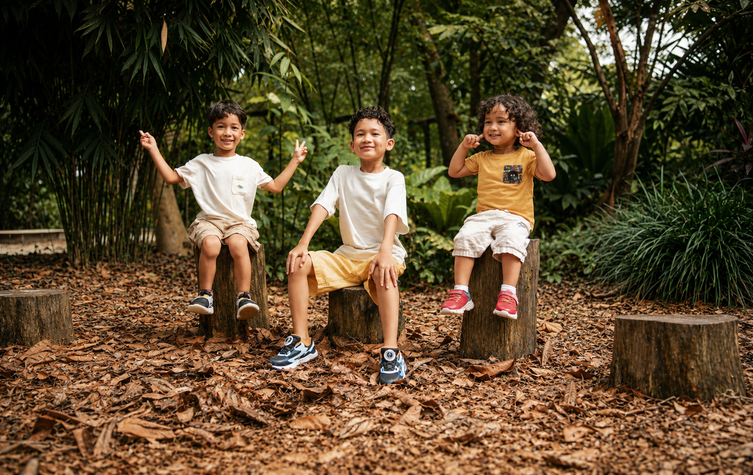 Three smiling children sitting on tree stumps in a sunlit forest surrounded by autumn leaves.
