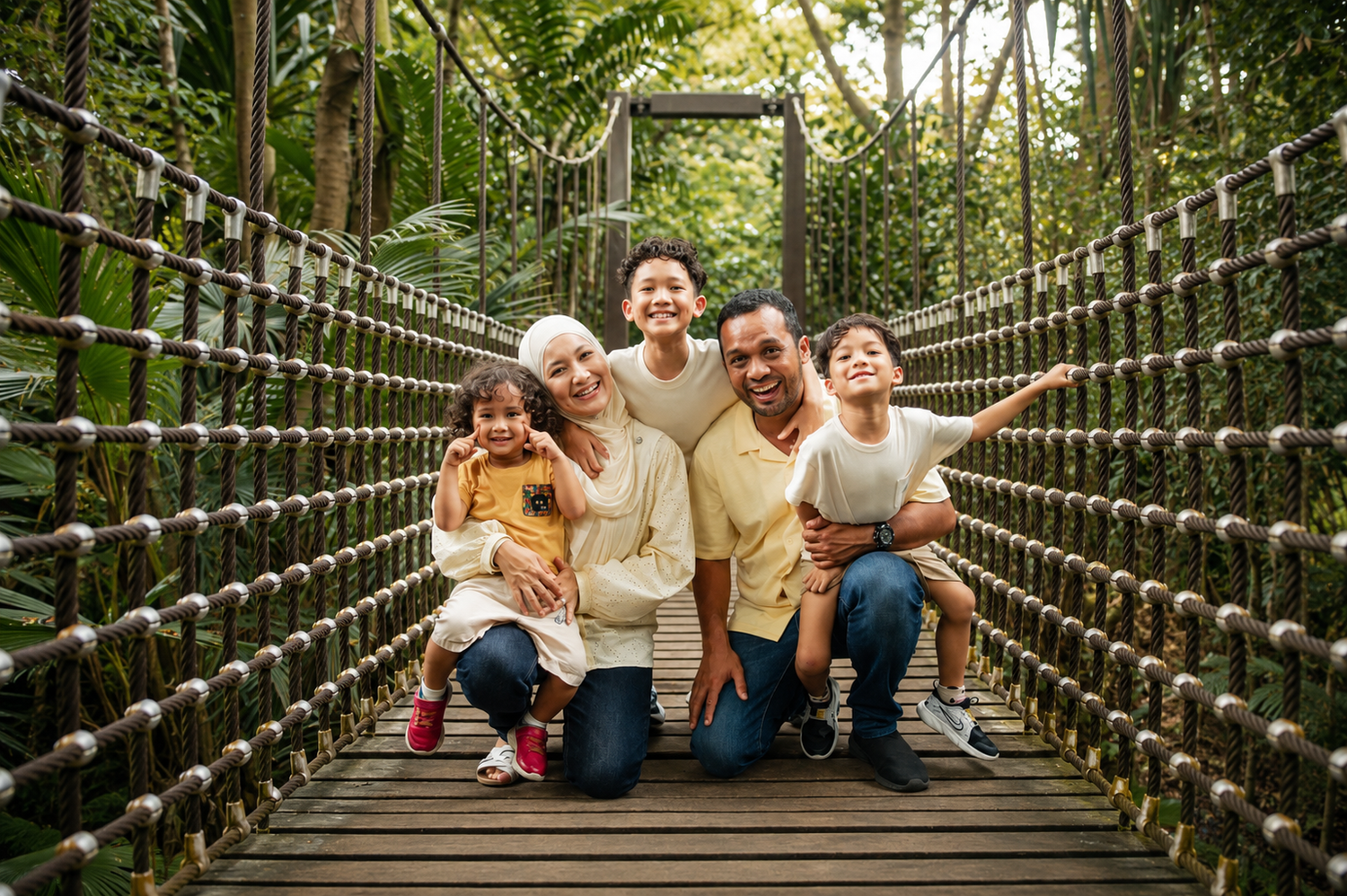 Joyful multiracial family of five posing together on a wooden rope bridge in a tropical forest.