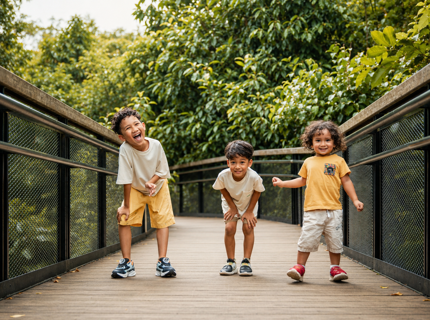 Three playful boys laughing and goofing around on a wooden bridge surrounded by green trees.