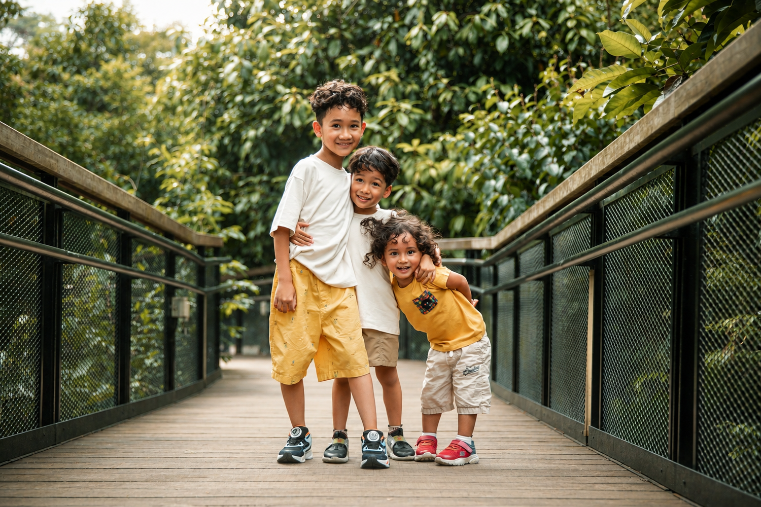 Three brothers smiling and hugging together on a wooden bridge in a lush green park.