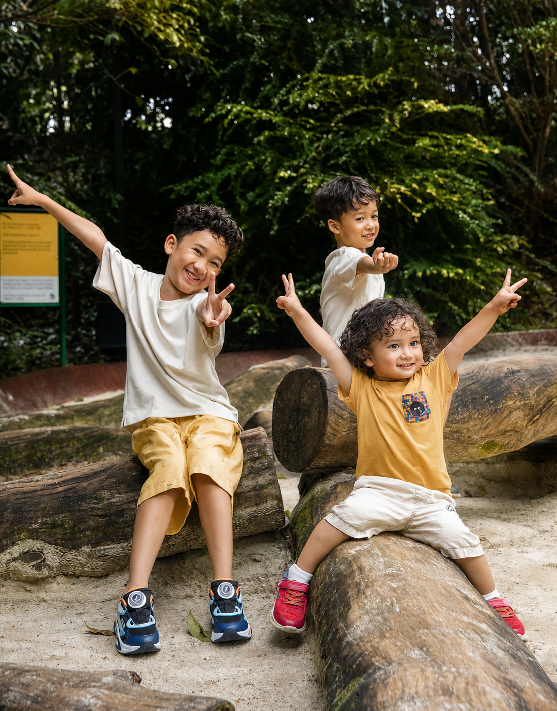 Three happy children sit on logs outdoors, making peace signs and raising their arms in a lush green park.