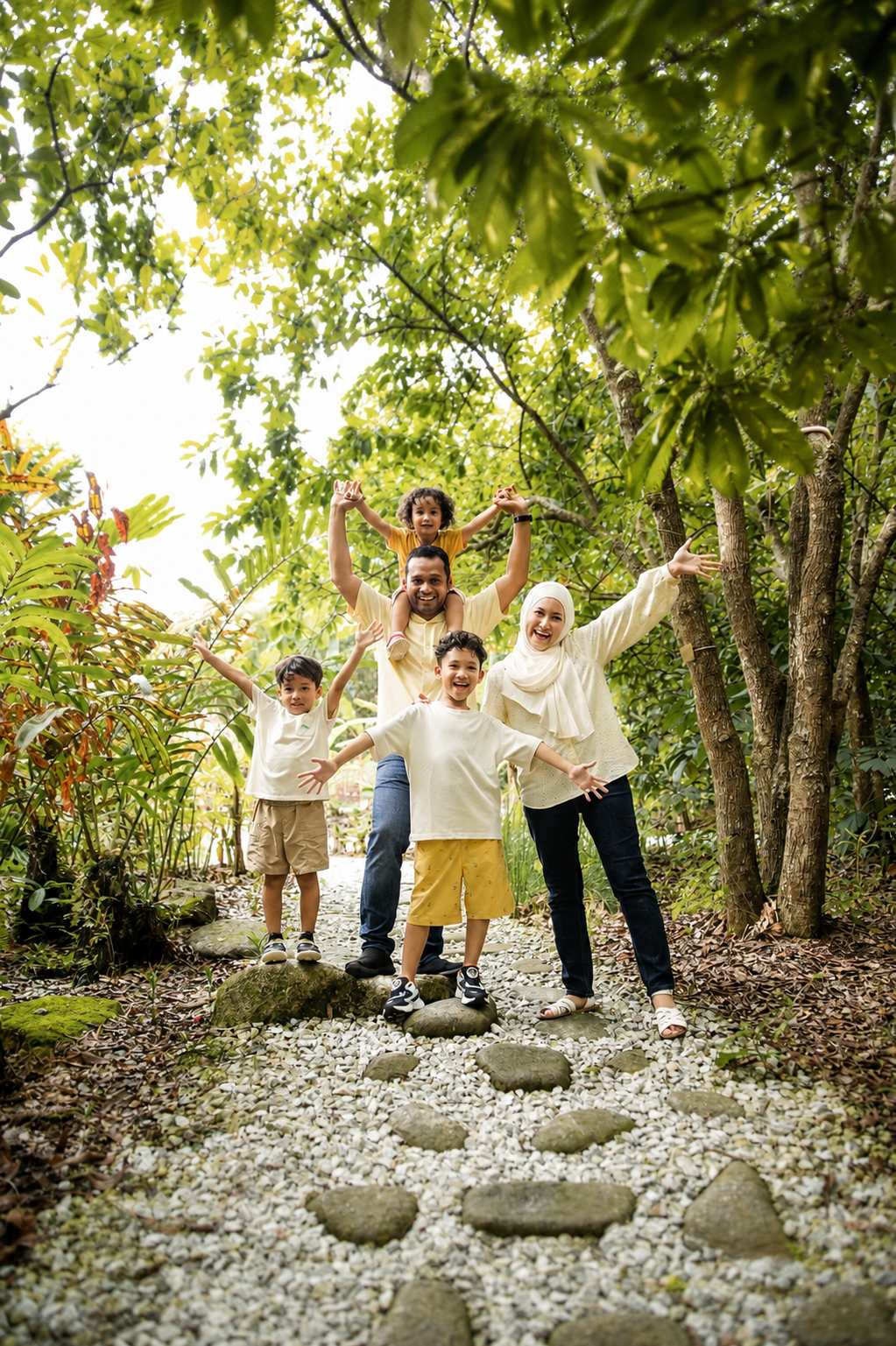 A joyful family of six poses on a garden path surrounded by lush green trees, raising their arms in celebration.