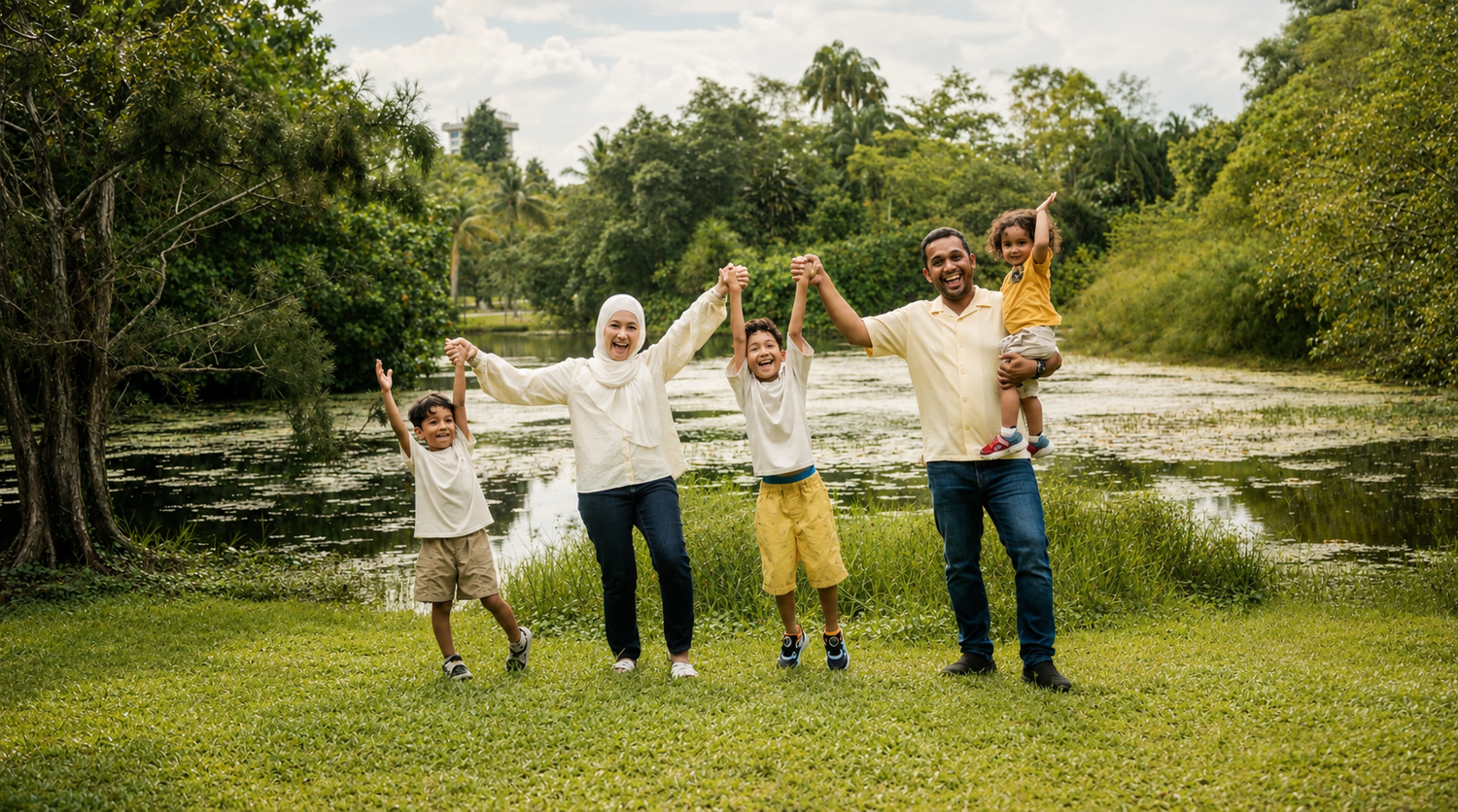 A happy family of six holds hands and jumps together on a green lawn beside a scenic river outdoors.