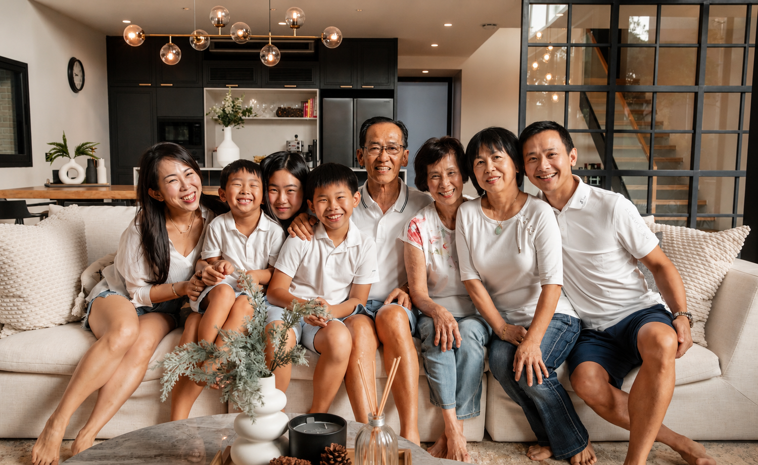 Large multigenerational Asian family sitting together on a sofa, smiling in a modern home.