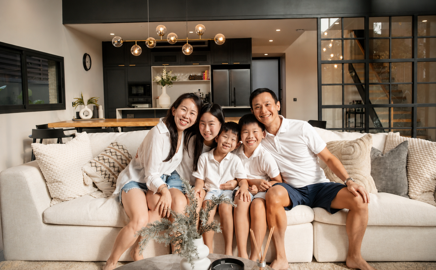 Happy Asian family of four posing together on a white couch in a contemporary living room.