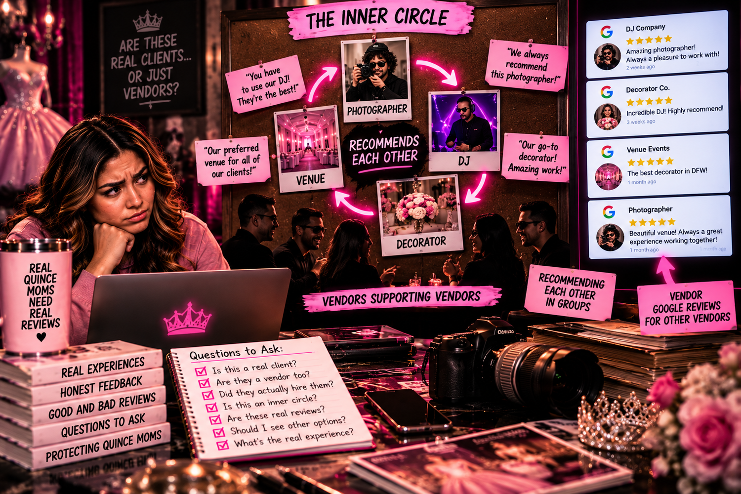 Quince mom looking for practical budget tips and free planning resources while a vendor-controlled Facebook group pushes more bookings