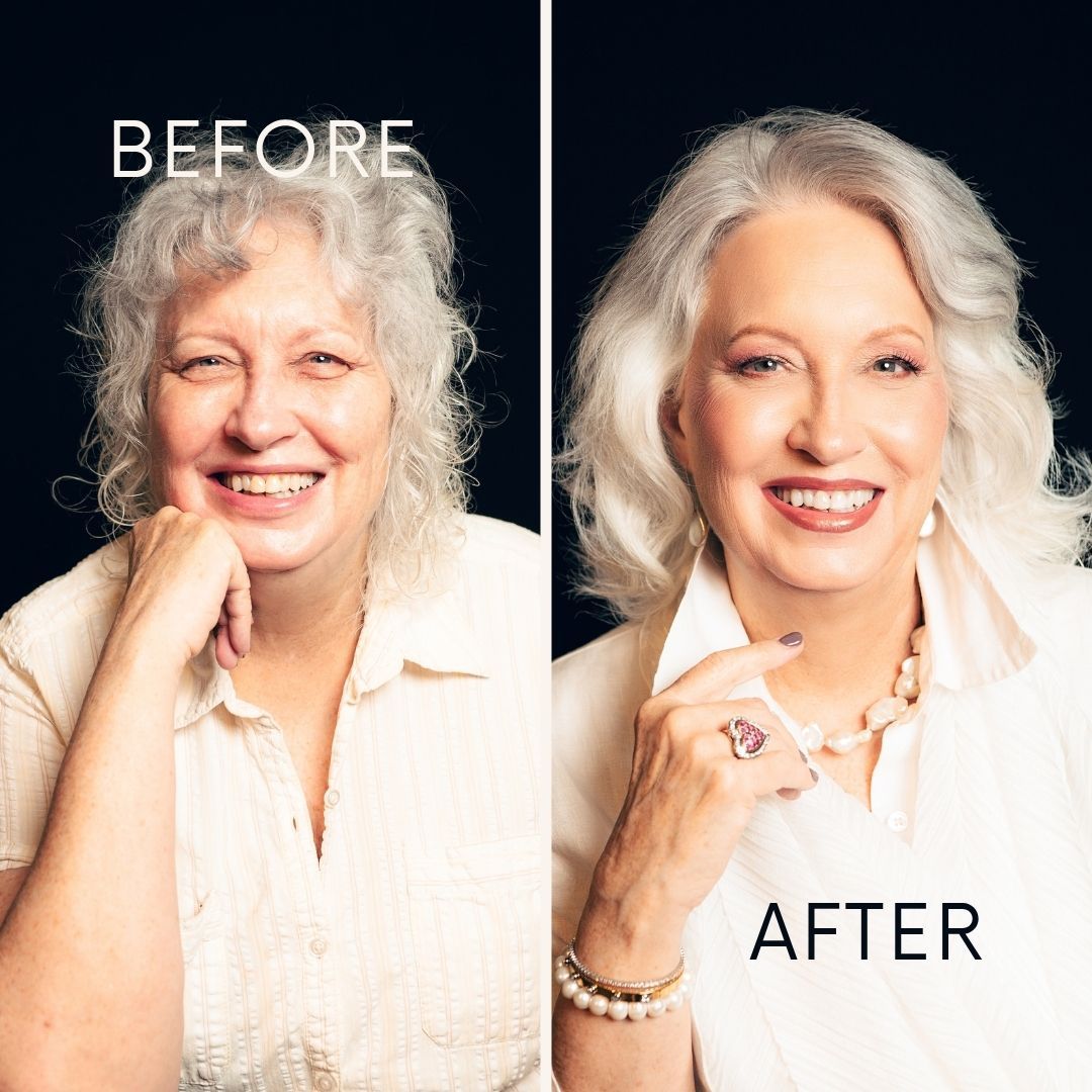 Before and after makeover showing woman with natural gray hair transformed with styled waves, makeup, and polished look.