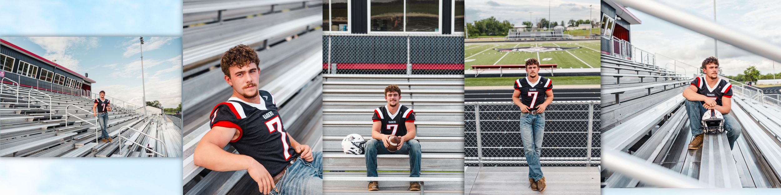 Teen boy in football jersey poses on stadium bleachers with soccer ball for senior portraits.