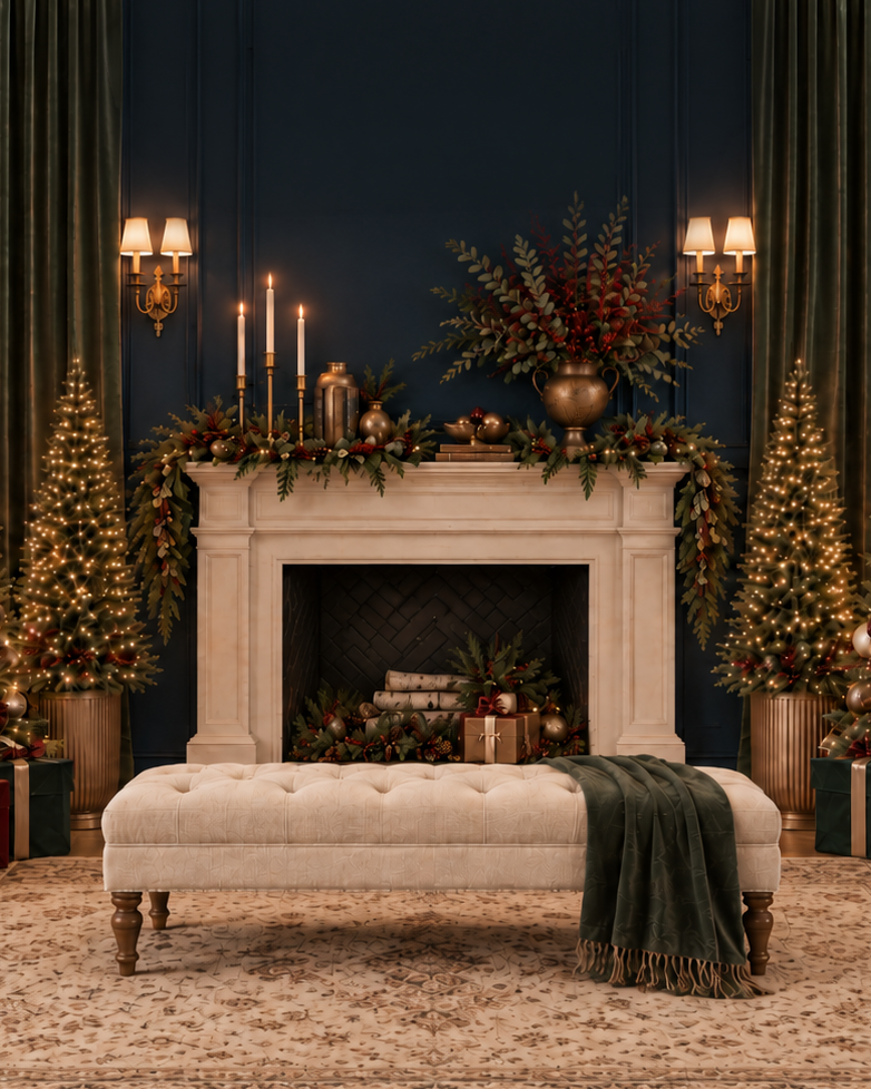 Elegant Christmas fireplace with lit candles, garland, two decorated trees, gifts, and a tufted bench with green throw.