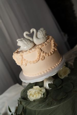 Elegant wedding cake with white swan toppers and peach frosting on a white pedestal stand.