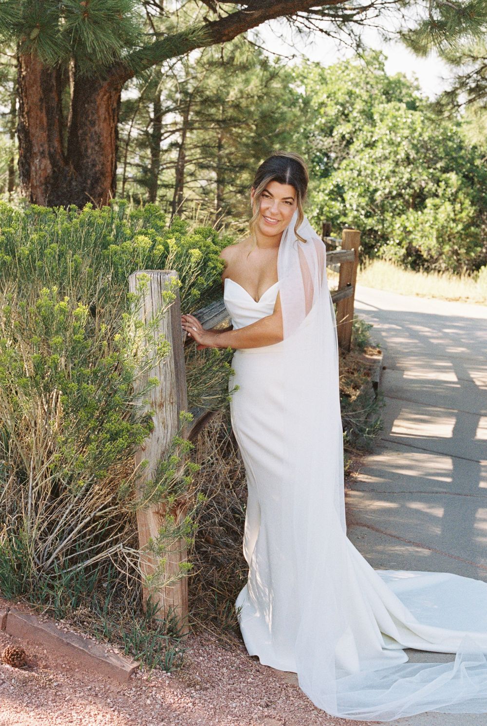 Bride in an elegant strapless white gown with a long veil poses beside a wooden fence among pine trees and desert shrubs.