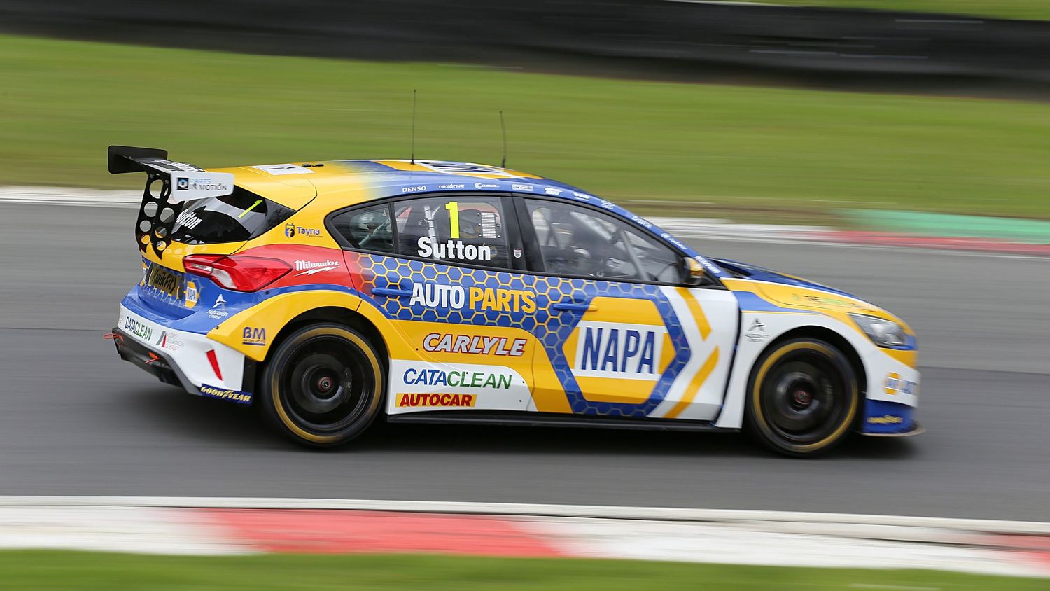 Ash Sutton drives the yellow NAPA Auto Parts number 1 Ford Focus at speed during a BTCC racing event.