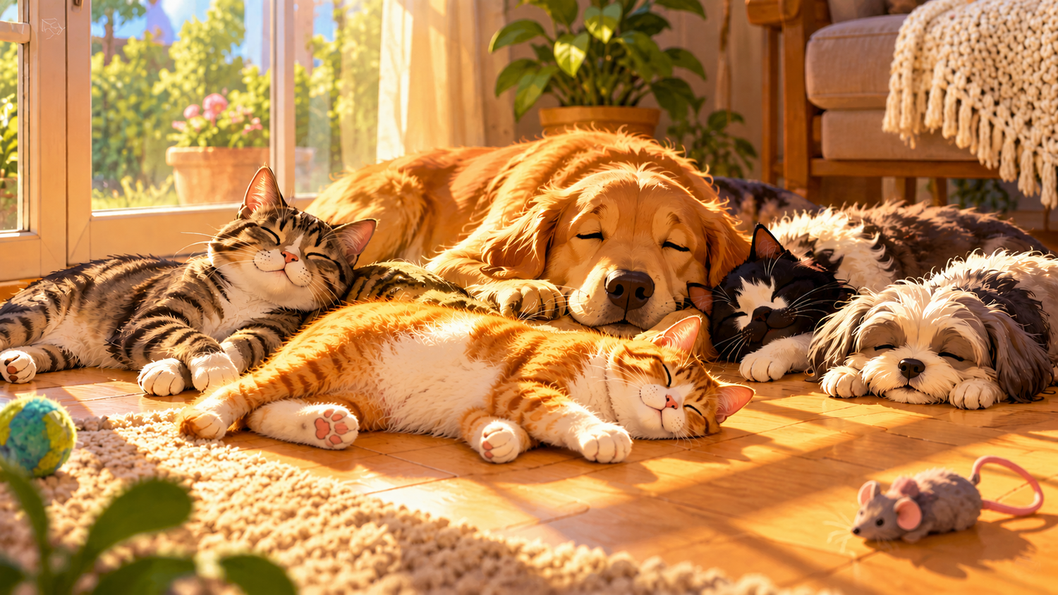 Whiskers & Co song Sun Rays – cats and dogs sleeping together in a sunny room