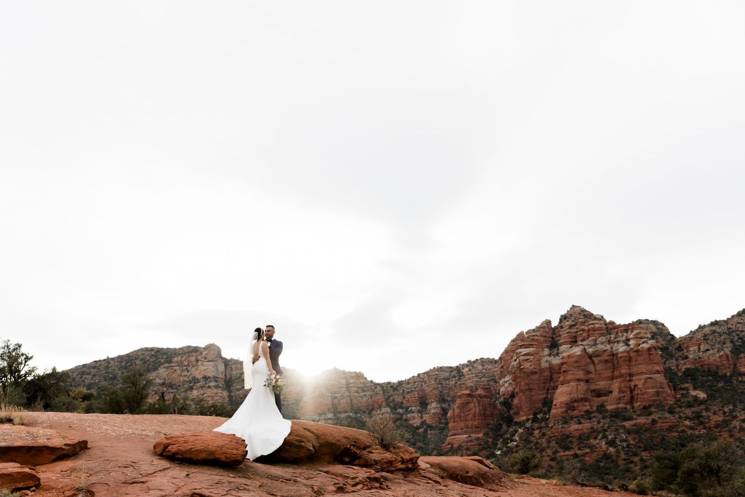 Bride in a flowing white ball gown with long veil stands on green lawn surrounded by lush trees at outdoor wedding venue.