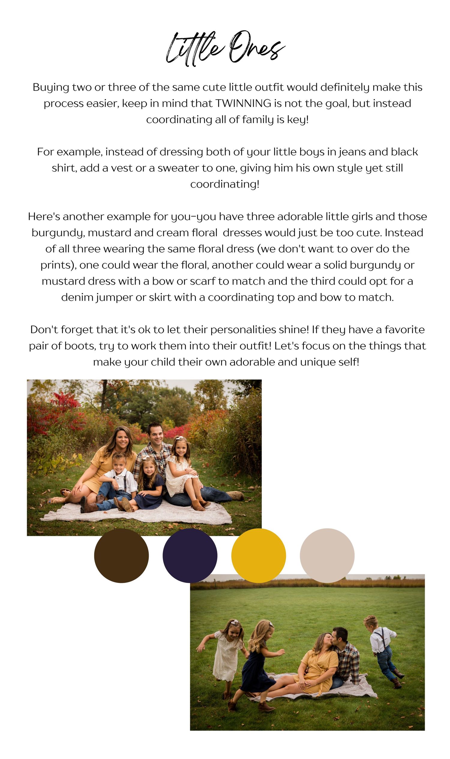Family photo guide showing coordinated outfits in burgundy, mustard, and cream tones with color swatches for little ones styling tips.