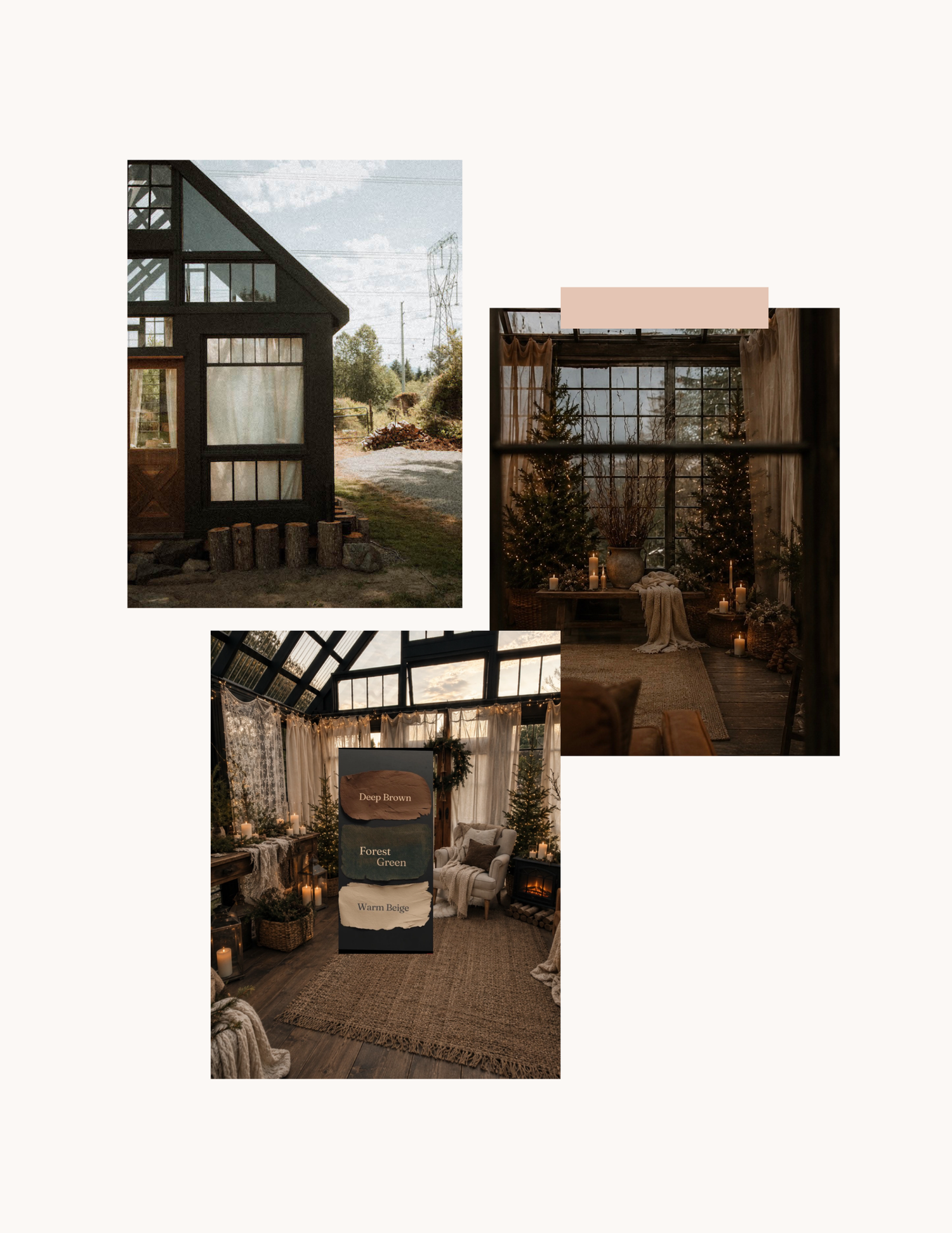 Rustic greenhouse wedding venue with dark wood frames, pine trees, candlelight, and cozy decor in a forest setting.