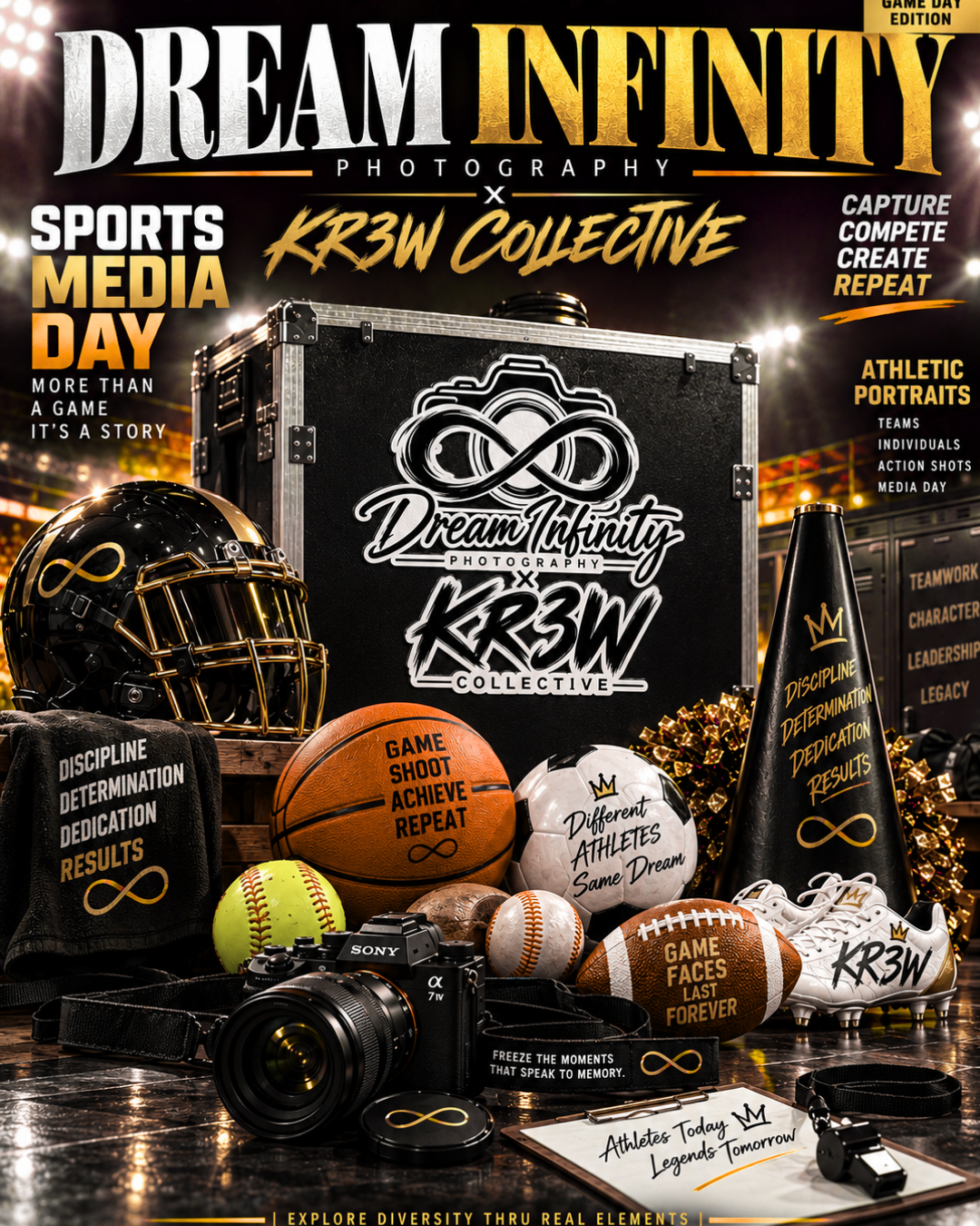 Dream Infinity Photography x KR3W Collective sports media day promotional magazine cover with basketball, camera, and athletic gear.