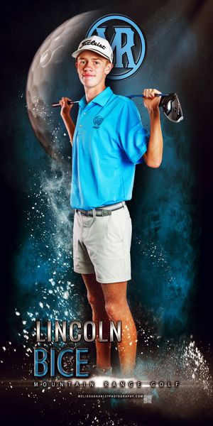 A golfer in a blue polo and white shorts poses against a dark background with dramatic lighting and smoke effects.