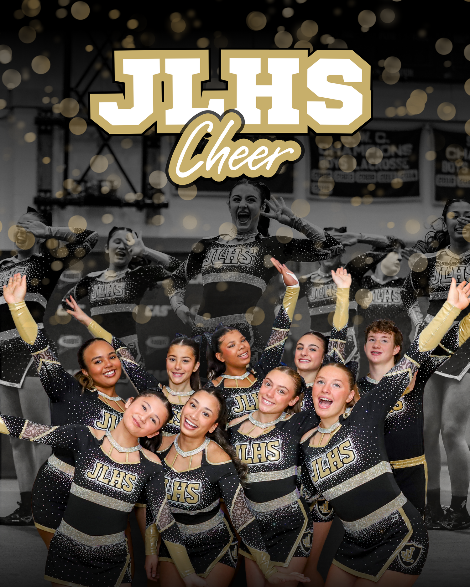 JLHS Cheer squad poses in black and gold uniforms for a team photo with cheerleaders smiling and celebrating.