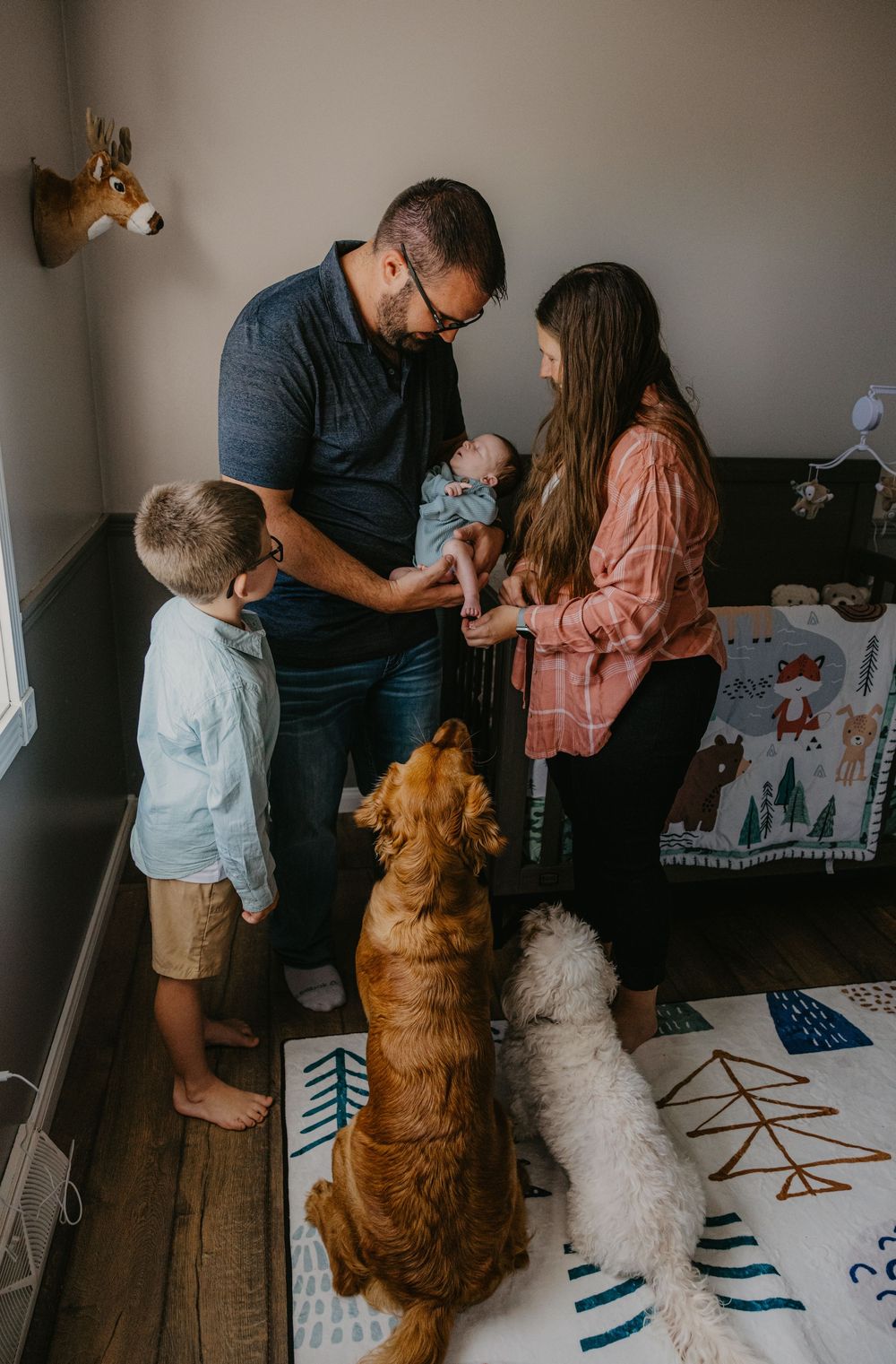 Family with two dogs gathers around newborn baby in cozy nursery with woodland-themed decor.
