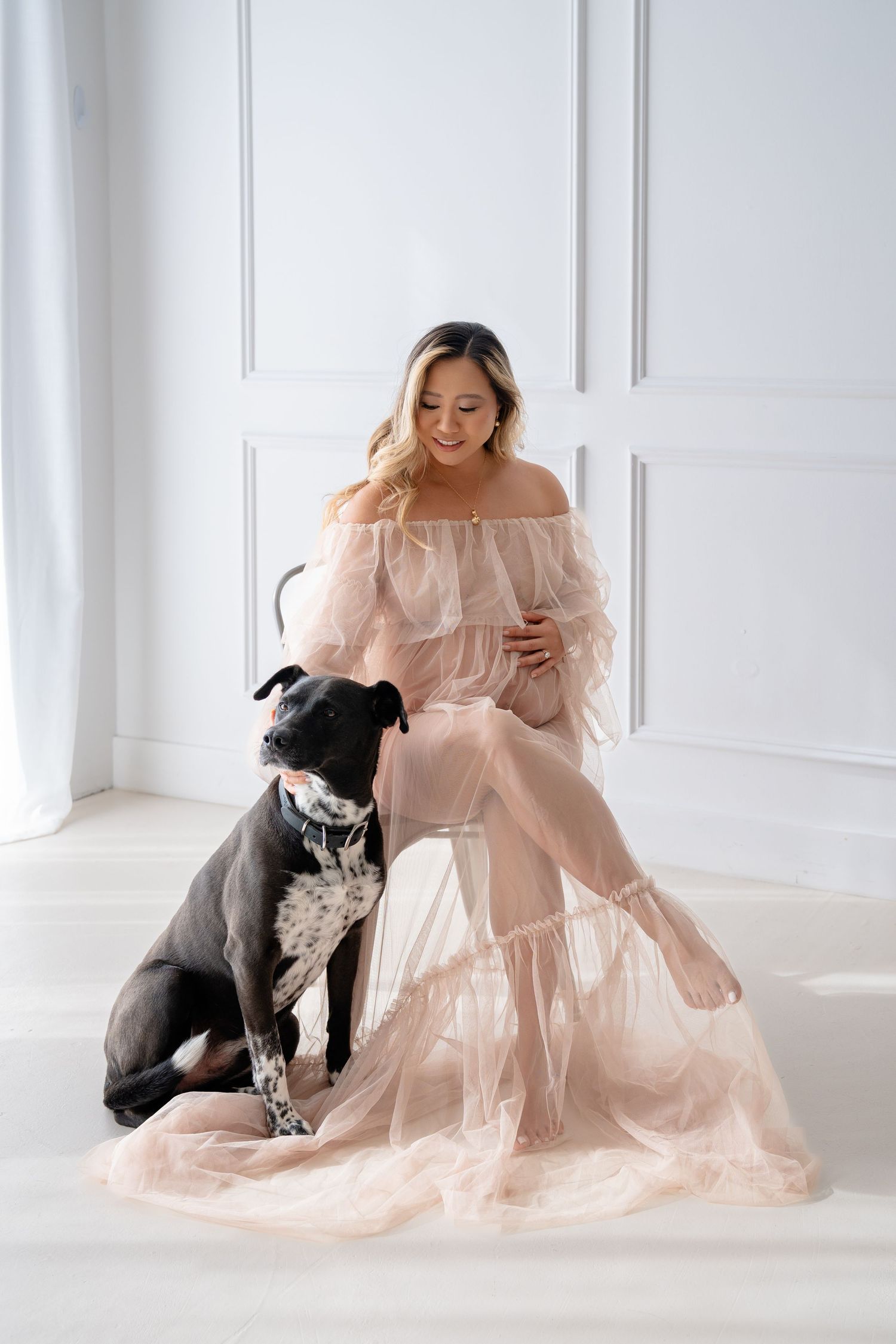 Pregnant woman in blush tulle gown sits with black dog in bright white studio for maternity photo session.