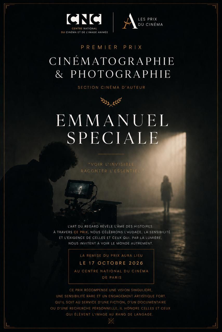 CNC Premier Prix Cinématographie award poster honoring Emmanuel Speciale, featuring a cinematic silhouette scene in Paris, 2026.