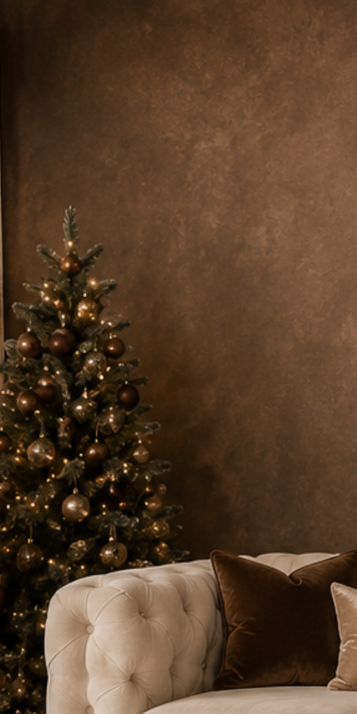 Elegant Christmas tree with gold and brown ornaments beside a tufted cream sofa against a warm brown wall.