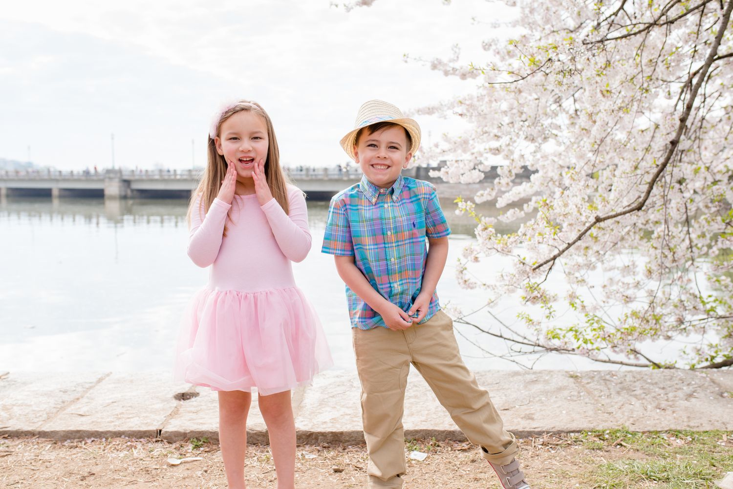 Cherry blossom mini session in Washington DC - twin siblings being silly together