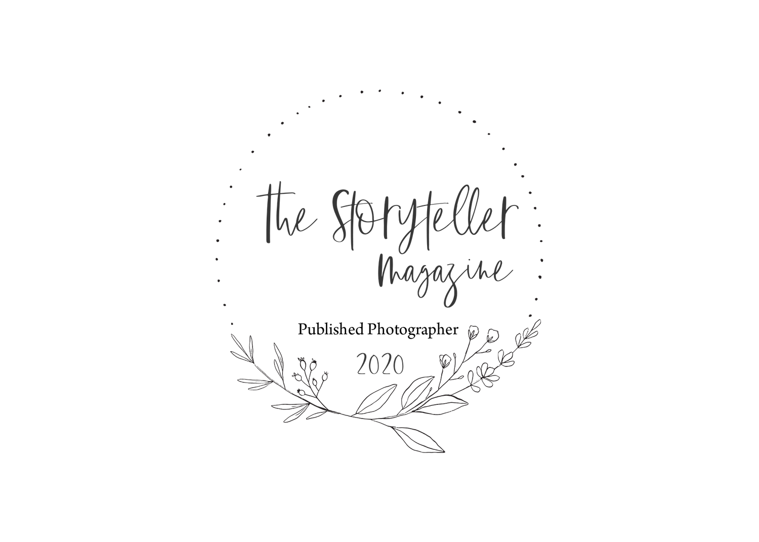 The Storyteller Magazine Published Photographer 2020 circular badge with floral accents.